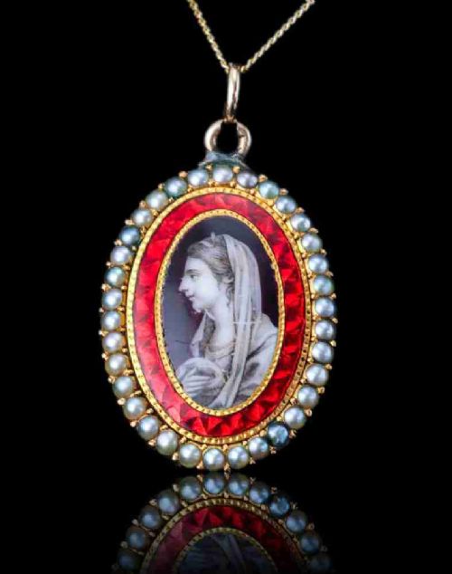 ANTIQUE GEORGIAN SEPIA PORTRAIT PENDANT NECKLACE 9K GOLD C1800
