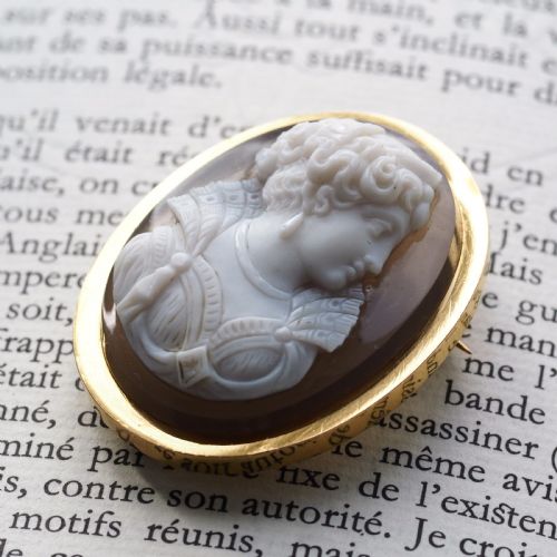 fig 6. An oval Victorian hardstone agate cameo featuring a white relief carved portrait of a woman against a dark background, set in a plain 18ct gold bezel frame.