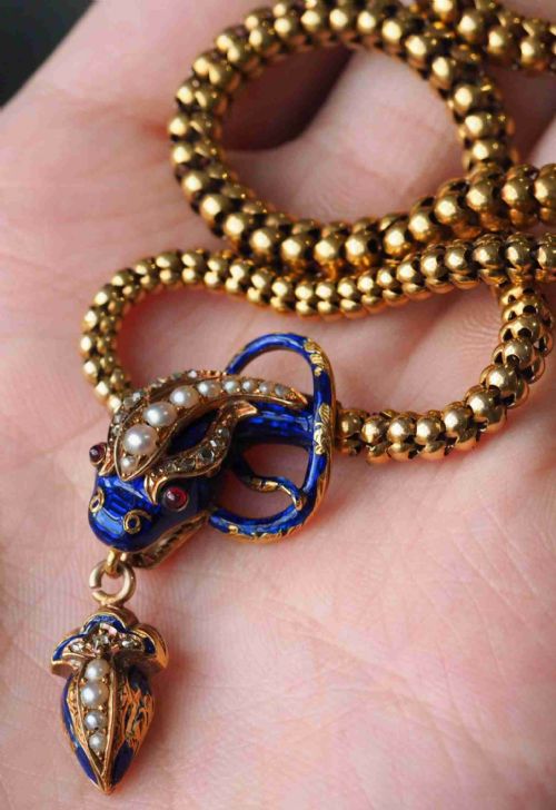ANTIQUE VICTORIAN SNAKE SERPENT NECKLACE 18K GOLD DIAMOND ENAMEL C1860