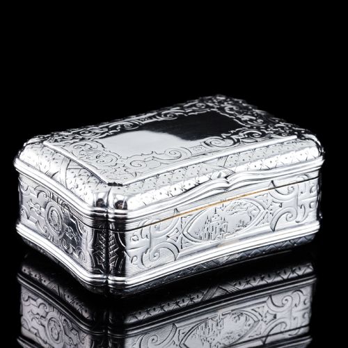 ANTIQUE SOLID SILVER TABLE SNUFF BOX CARTOUCHE SHAPE AND ENGRAVED EDWARD SMITH 1854