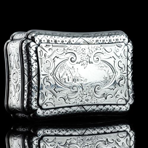 ANTIQUE SOLID SILVER TABLE SNUFF BOX CARTOUCHE SHAPE AND ENGRAVED EDWARD SMITH 1854 - ADDITIONAL PHOTO 10