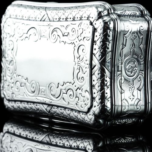 ANTIQUE SOLID SILVER TABLE SNUFF BOX CARTOUCHE SHAPE AND ENGRAVED EDWARD SMITH 1854 - ADDITIONAL PHOTO 11