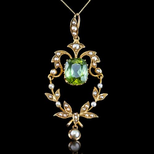 ANTIQUE VICTORIAN PERIDOT PENDANT NECKLACE PEARLS 14K GOLD ORIGINAL BOX C1890 - ADDITIONAL PHOTO 1
