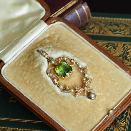ANTIQUE VICTORIAN PERIDOT PENDANT NECKLACE PEARLS 14K GOLD ORIGINAL BOX C1890 - ADDITIONAL PHOTO 2