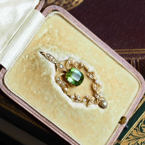 ANTIQUE VICTORIAN PERIDOT PENDANT NECKLACE PEARLS 14K GOLD ORIGINAL BOX C1890 - ADDITIONAL PHOTO 6