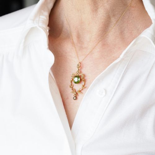 ANTIQUE VICTORIAN PERIDOT PENDANT NECKLACE PEARLS 14K GOLD ORIGINAL BOX C1890 - ADDITIONAL PHOTO 7