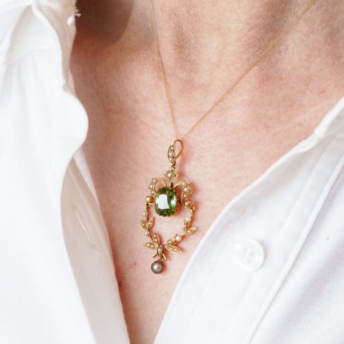 ANTIQUE VICTORIAN PERIDOT PENDANT NECKLACE PEARLS 14K GOLD ORIGINAL BOX C1890 - ADDITIONAL PHOTO 8