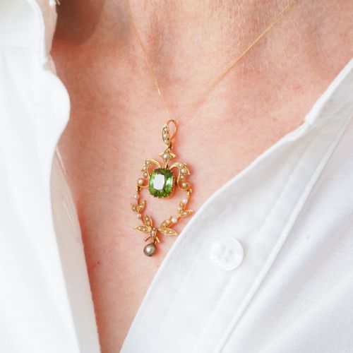 ANTIQUE VICTORIAN PERIDOT PENDANT NECKLACE PEARLS 14K GOLD ORIGINAL BOX C1890 - ADDITIONAL PHOTO 11
