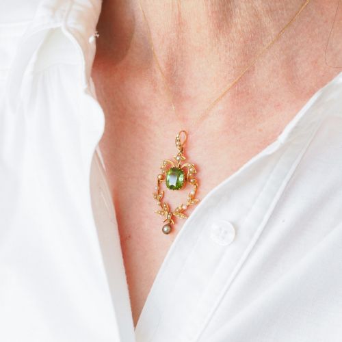 ANTIQUE VICTORIAN PERIDOT PENDANT NECKLACE PEARLS 14K GOLD ORIGINAL BOX C1890 - ADDITIONAL PHOTO 12