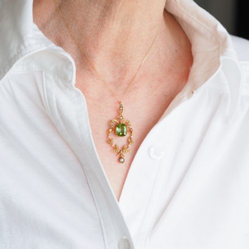 ANTIQUE VICTORIAN PERIDOT PENDANT NECKLACE PEARLS 14K GOLD ORIGINAL BOX C1890 - ADDITIONAL PHOTO 13