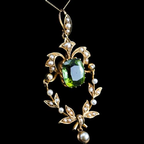 ANTIQUE VICTORIAN PERIDOT PENDANT NECKLACE PEARLS 14K GOLD ORIGINAL BOX C1890 - ADDITIONAL PHOTO 15