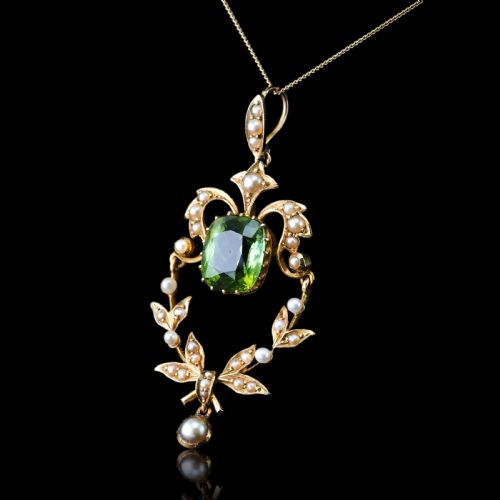 ANTIQUE VICTORIAN PERIDOT PENDANT NECKLACE PEARLS 14K GOLD ORIGINAL BOX C1890 - ADDITIONAL PHOTO 18