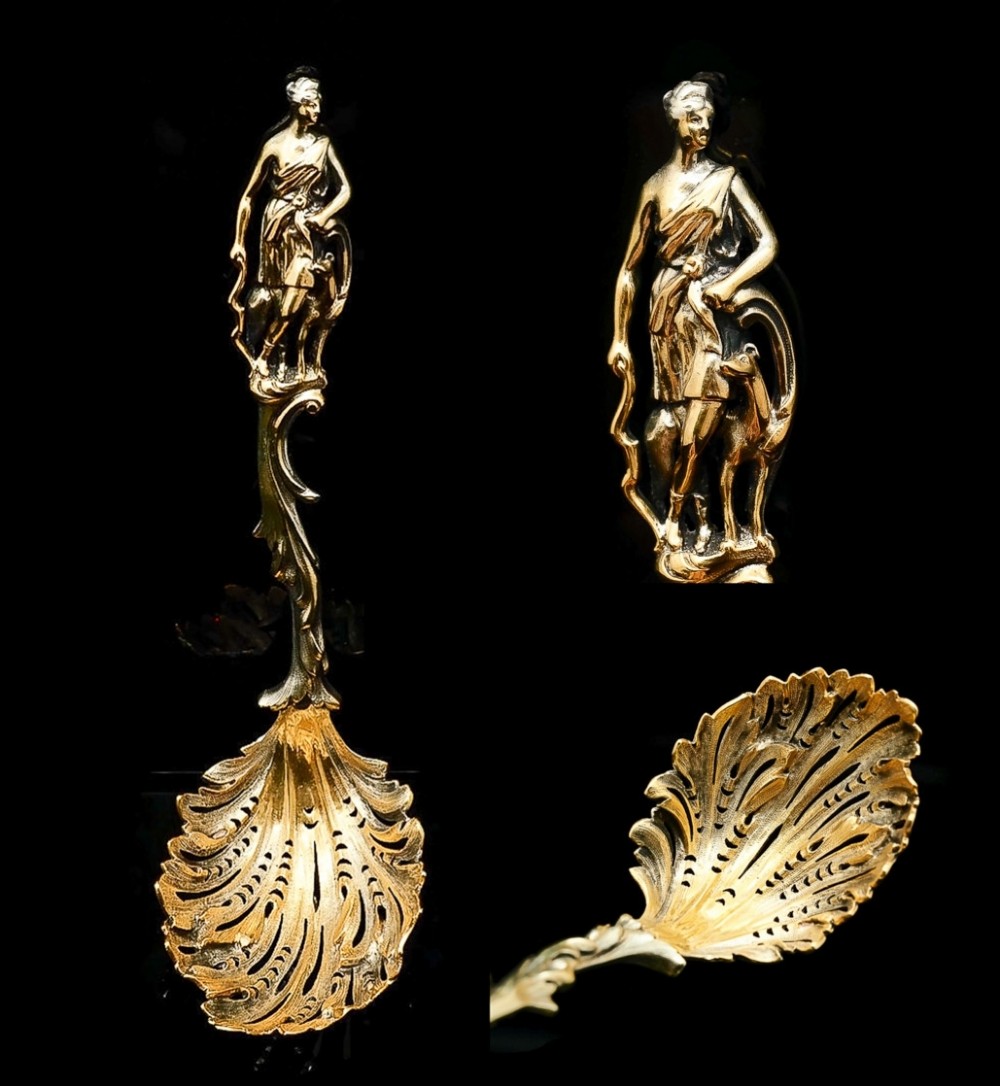Victorian Silver Gilt Sugar Sifter Spoon 'Diana the Huntress' Figure - Francis Higgins 1854
