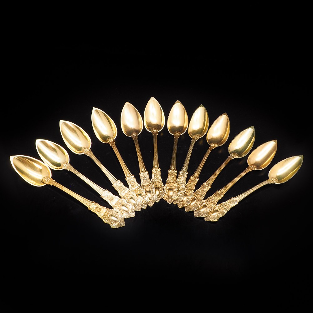 Magnificent Antique Vermeil (Silver Gilt) French Teaspoons - Boxed Set of 12