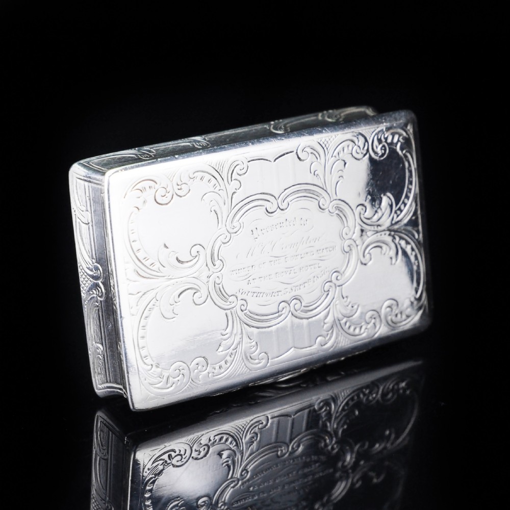 Antique Table Silver Snuff Box with Hand Engraved Scrolls - Victorian 1850 View III