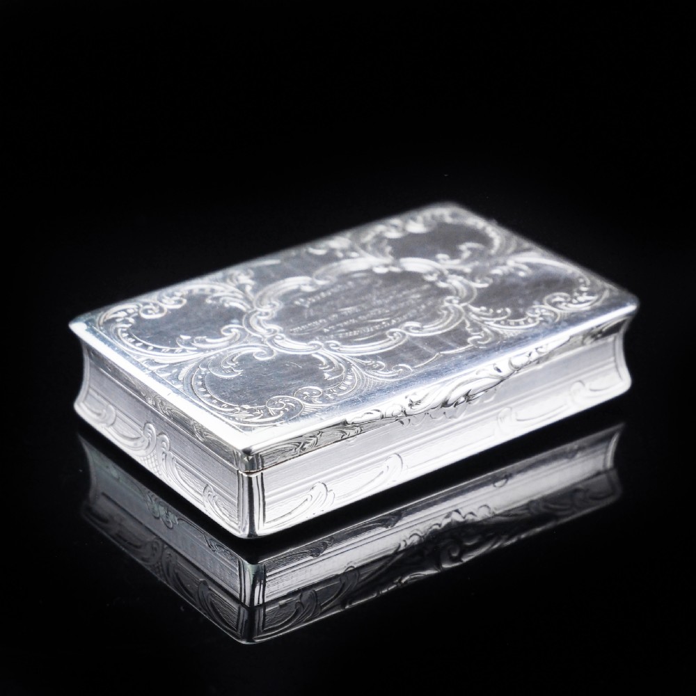 Antique Table Silver Snuff Box with Hand Engraved Scrolls - Victorian 1850 View V