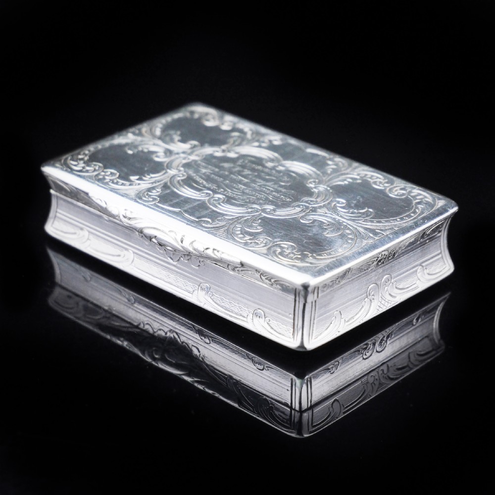 Antique Table Silver Snuff Box with Hand Engraved Scrolls - Victorian 1850 View VI