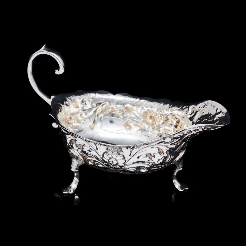 Antique Victorian Solid Silver Chased Sauce Boat - Horace Woodward & Co Ltd 1897 View IV