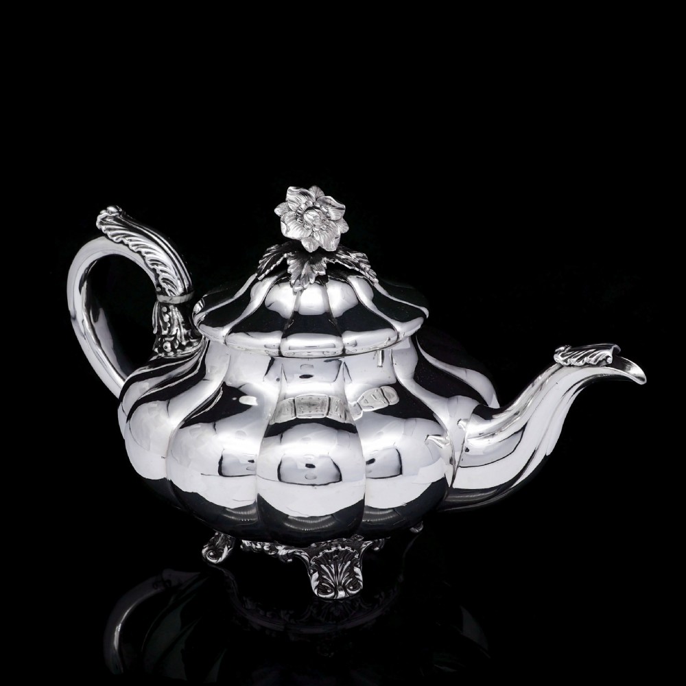 Antique Georgian Solid Silver Teapot 'Melon Shaped' - Robert Hennell 1836 View V