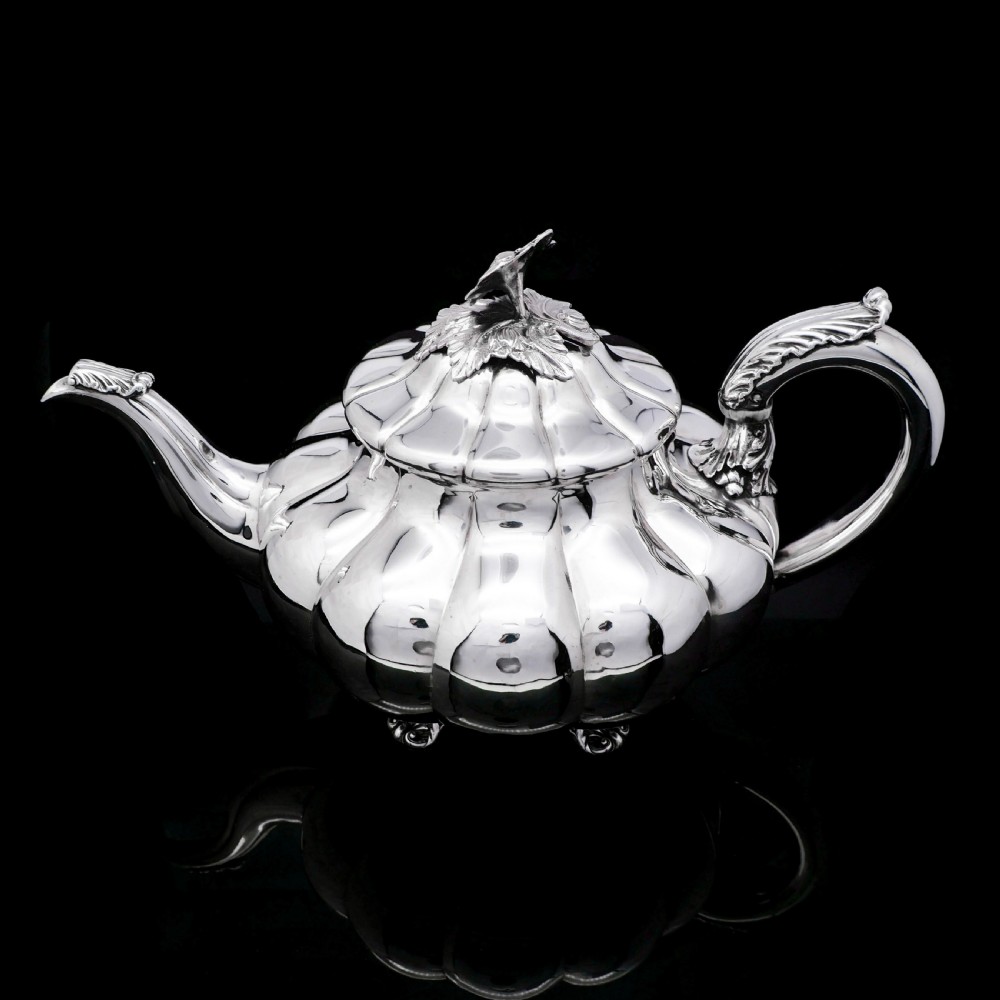 Antique Georgian Solid Silver Teapot 'Melon Shaped' - Robert Hennell 1836 View VIII