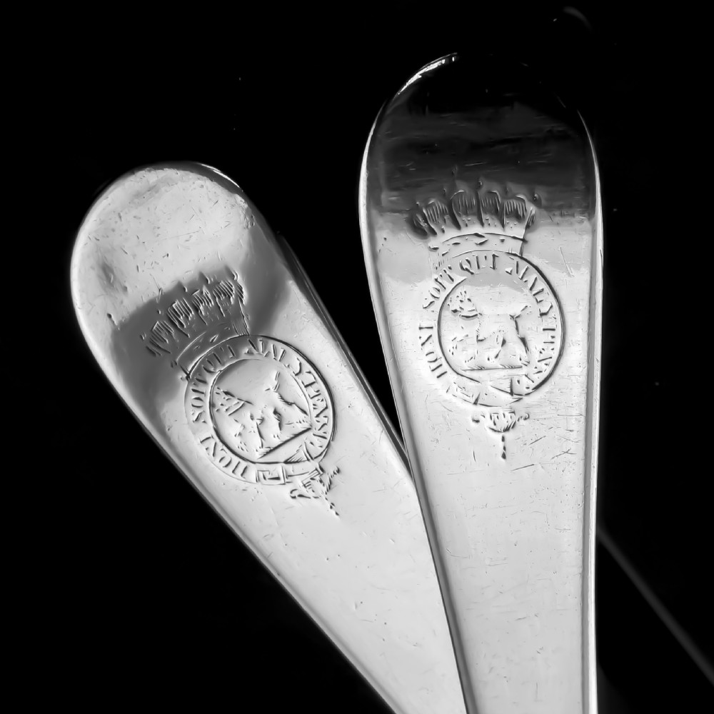 Antique Solid Silver Pair of Georgian Large Ladles, Sutherland Crest 1784/5 View XII