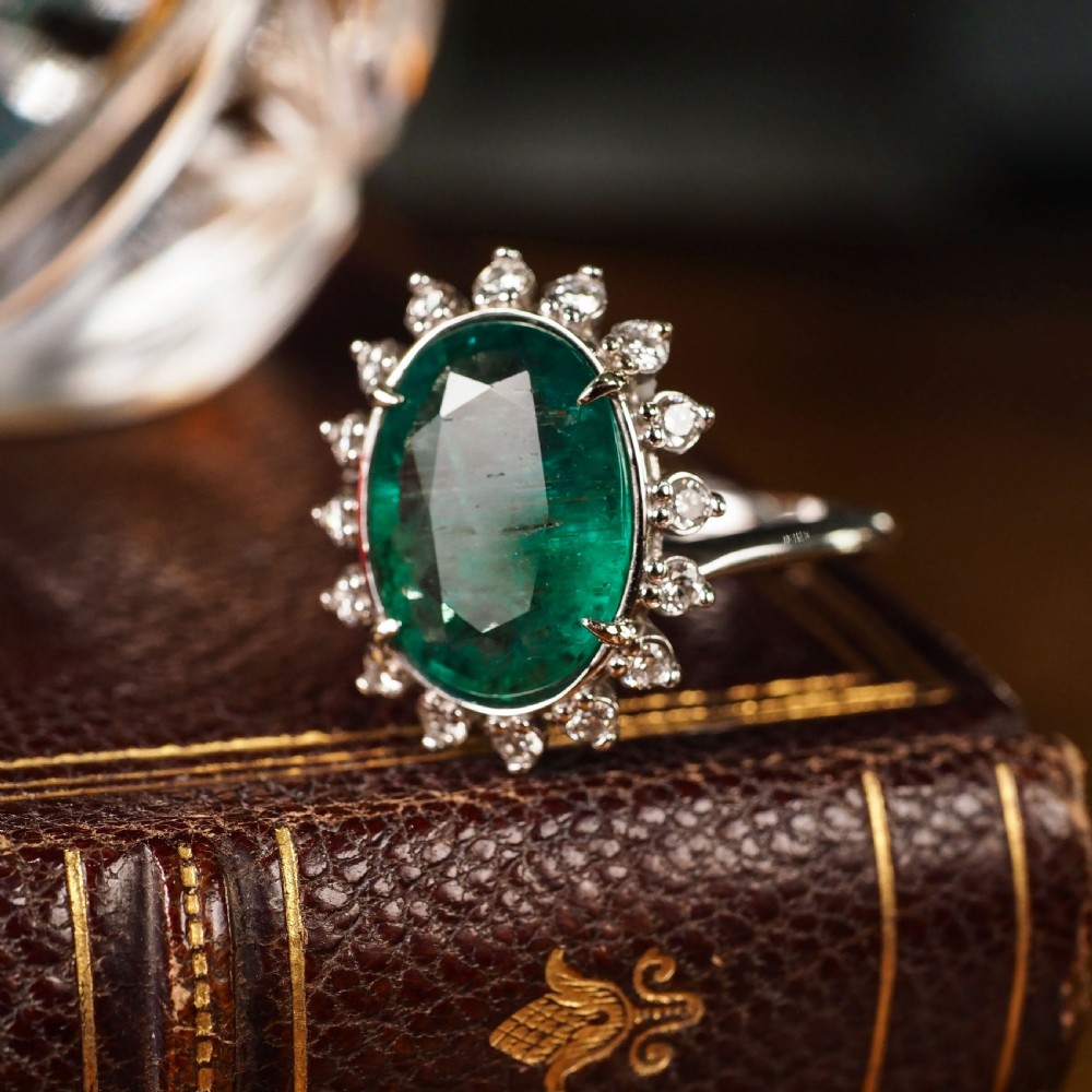 5CT Natural Emerald & Diamond 14K White Gold Cluster Ring GIA Certified