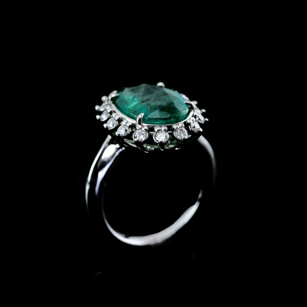 5CT Natural Emerald & Diamond 14K White Gold Cluster Ring GIA Certified View V