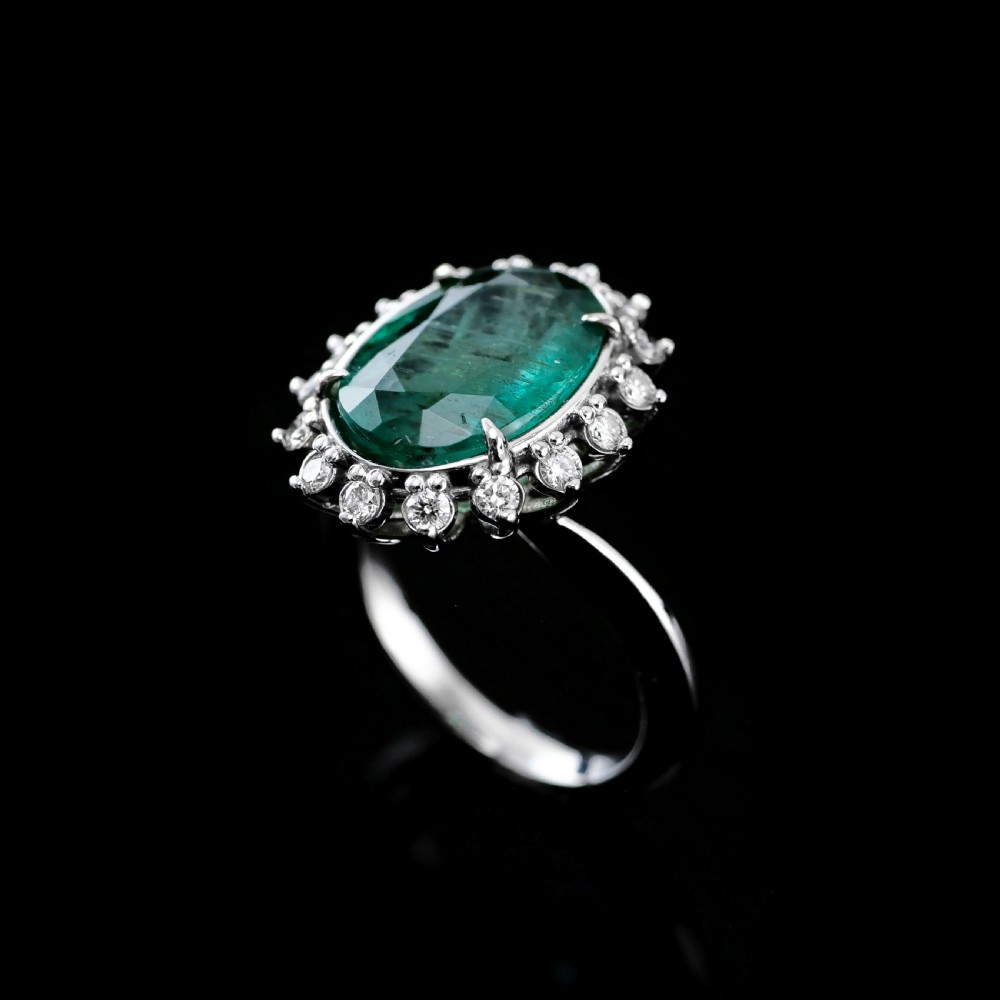 5CT Natural Emerald & Diamond 14K White Gold Cluster Ring GIA Certified View VI