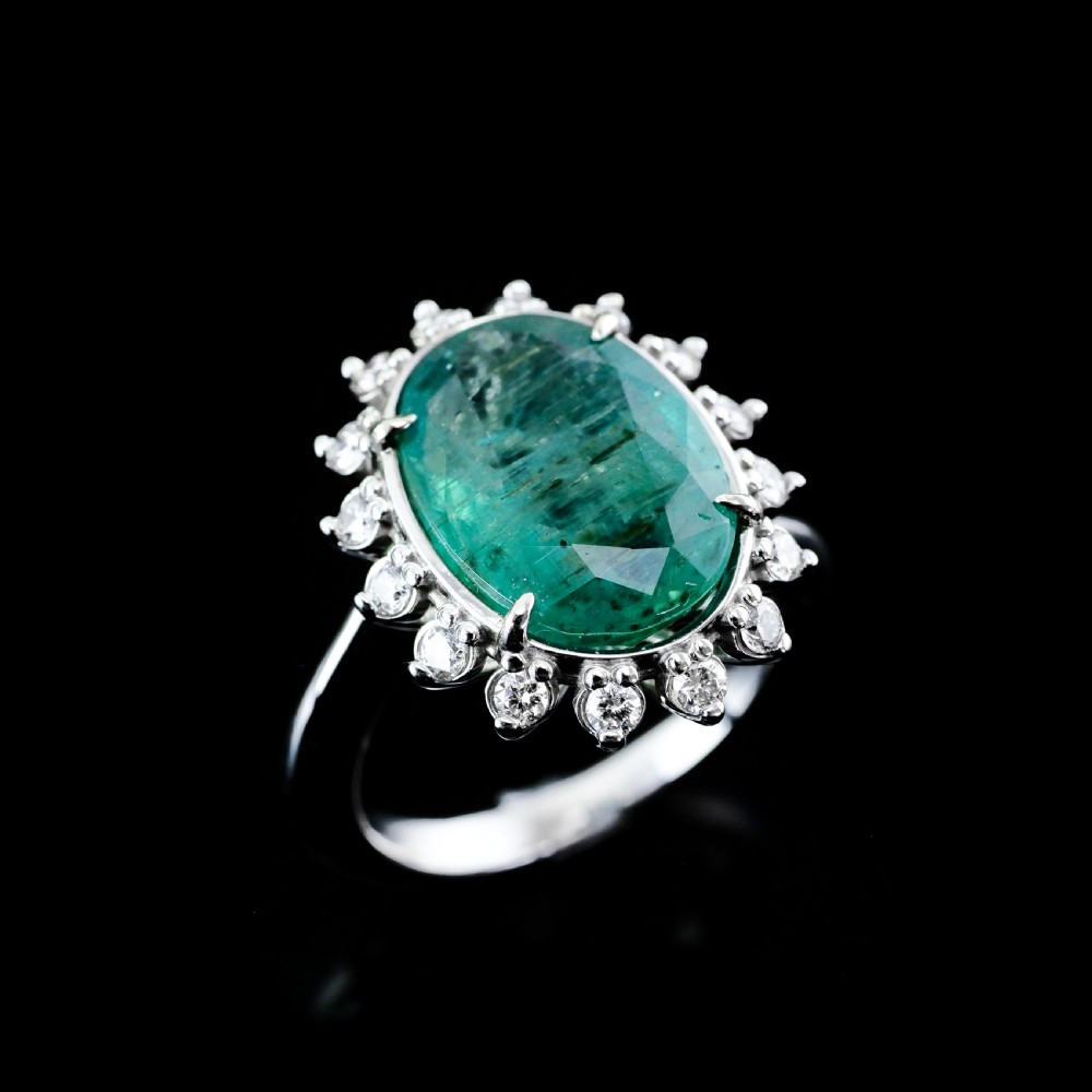 5CT Natural Emerald & Diamond 14K White Gold Cluster Ring GIA Certified View VII