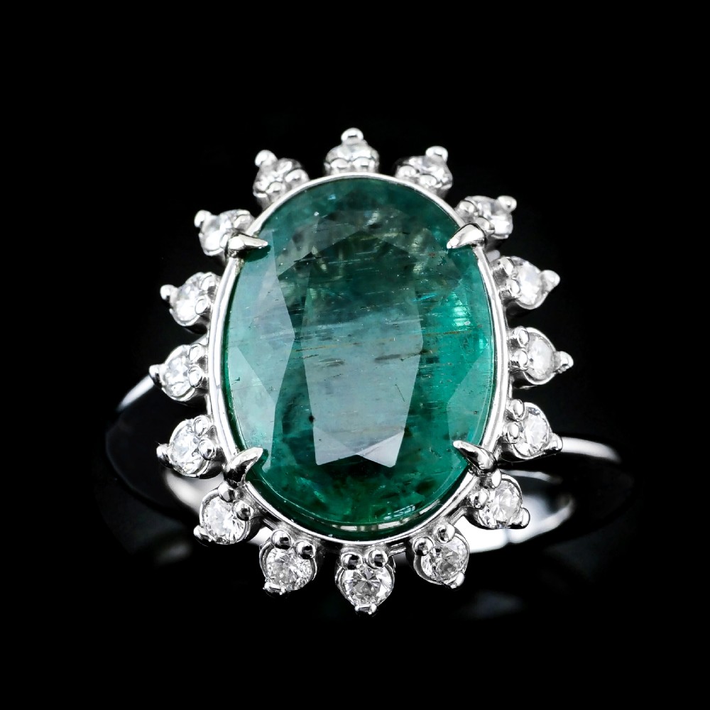 5CT Natural Emerald & Diamond 14K White Gold Cluster Ring GIA Certified View VIII
