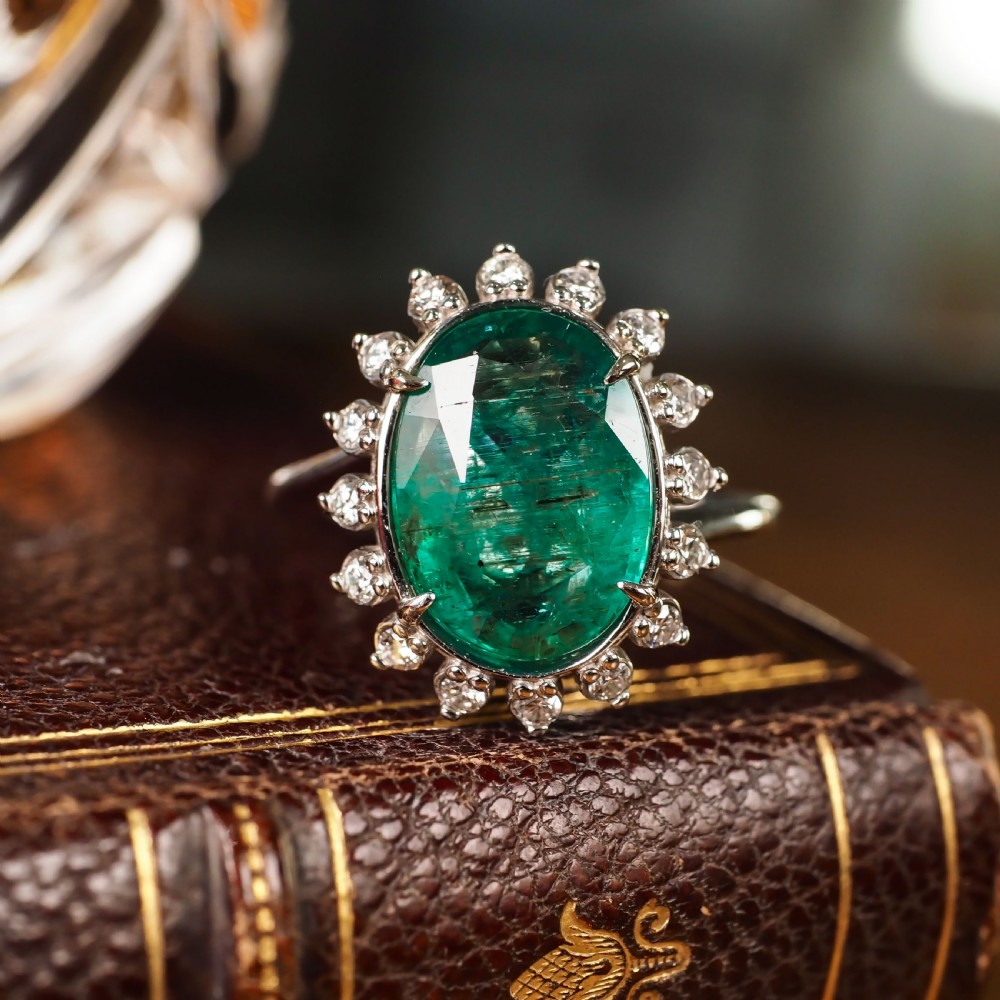 5CT Natural Emerald & Diamond 14K White Gold Cluster Ring GIA Certified View IX