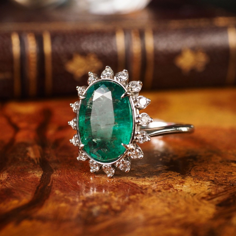 5CT Natural Emerald & Diamond 14K White Gold Cluster Ring GIA Certified View X