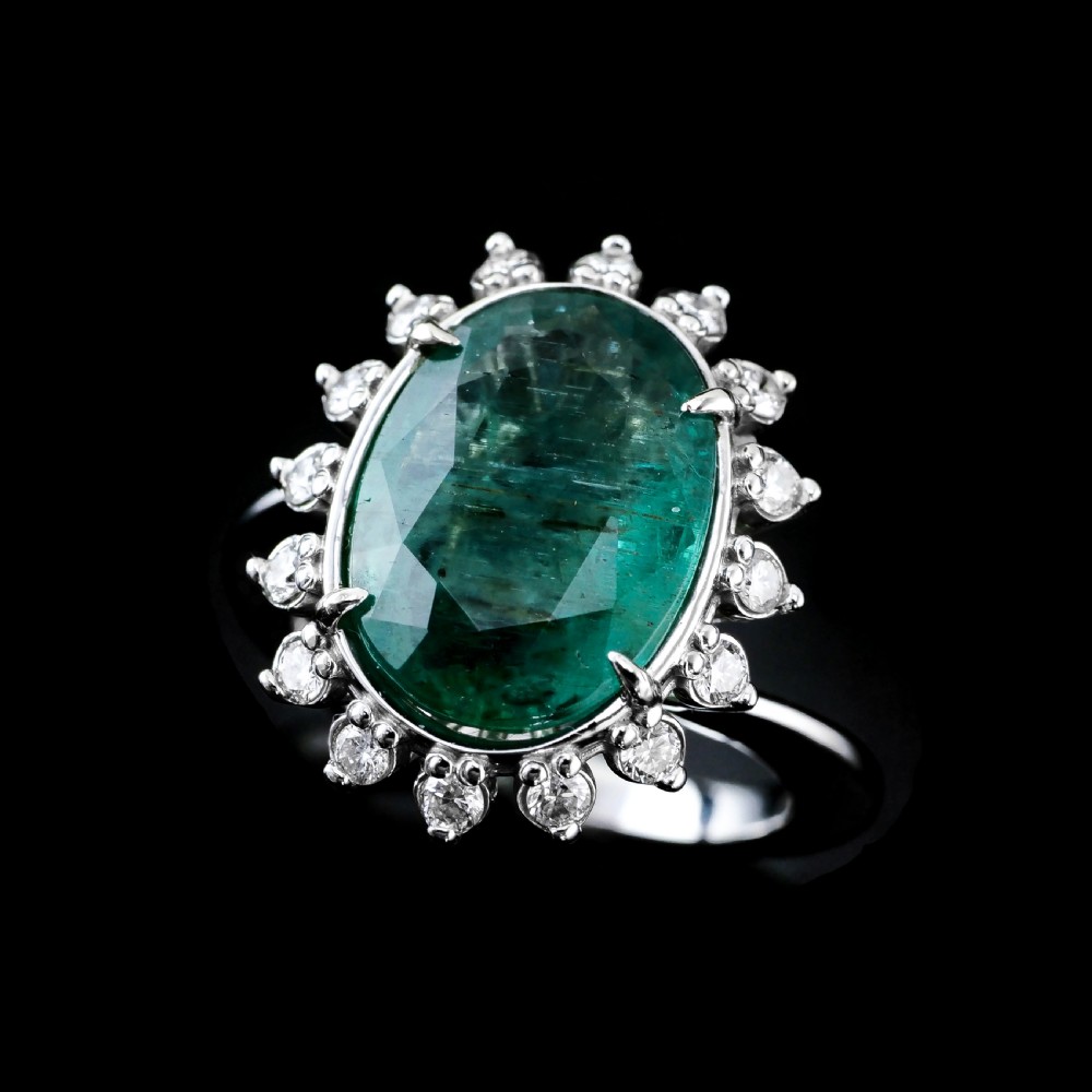 5CT Natural Emerald & Diamond 14K White Gold Cluster Ring GIA Certified View XI