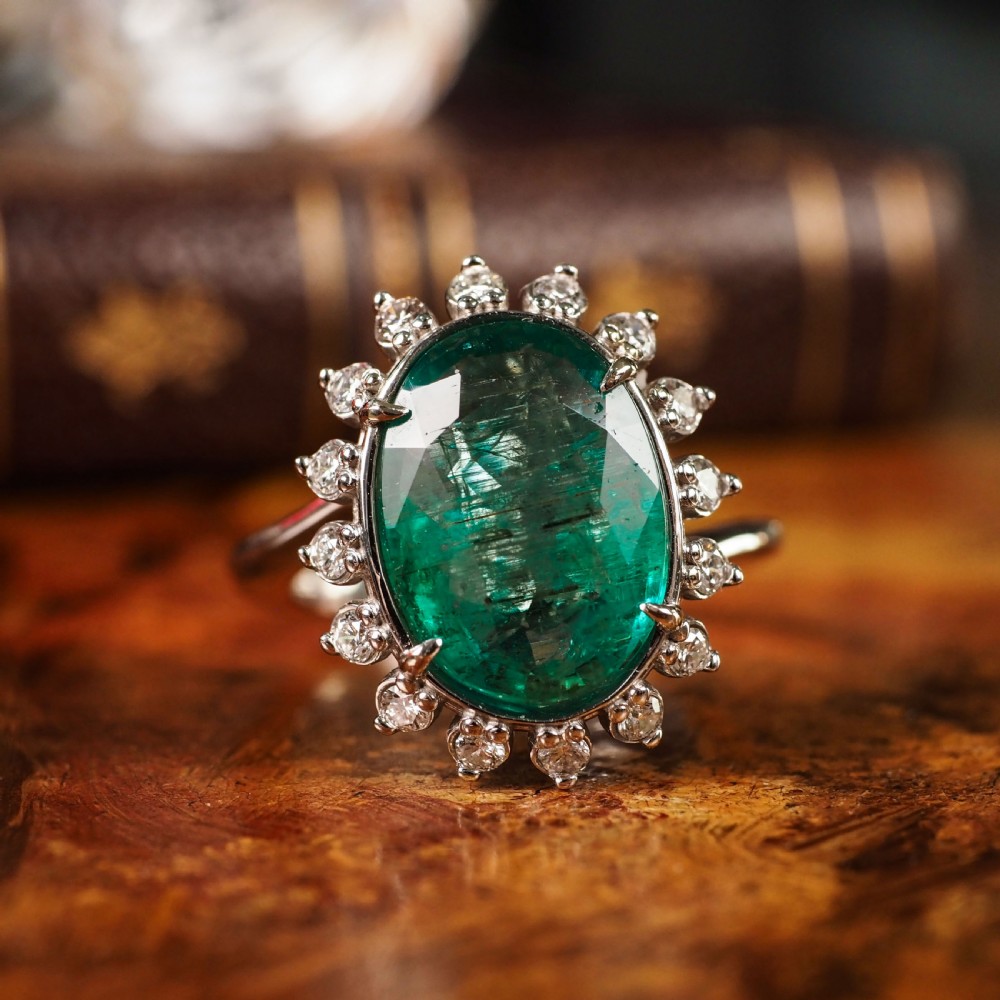 5CT Natural Emerald & Diamond 14K White Gold Cluster Ring GIA Certified View XII