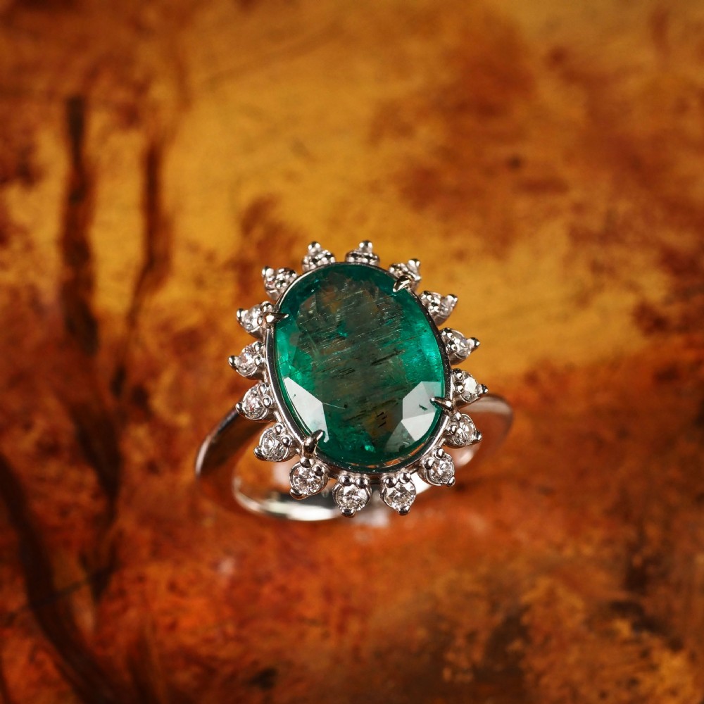 5CT Natural Emerald & Diamond 14K White Gold Cluster Ring GIA Certified View XIII