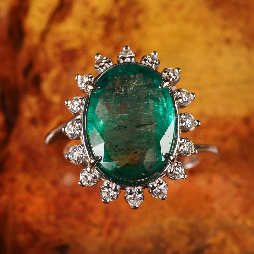 5CT Natural Emerald & Diamond 14K White Gold Cluster Ring GIA Certified View XIV