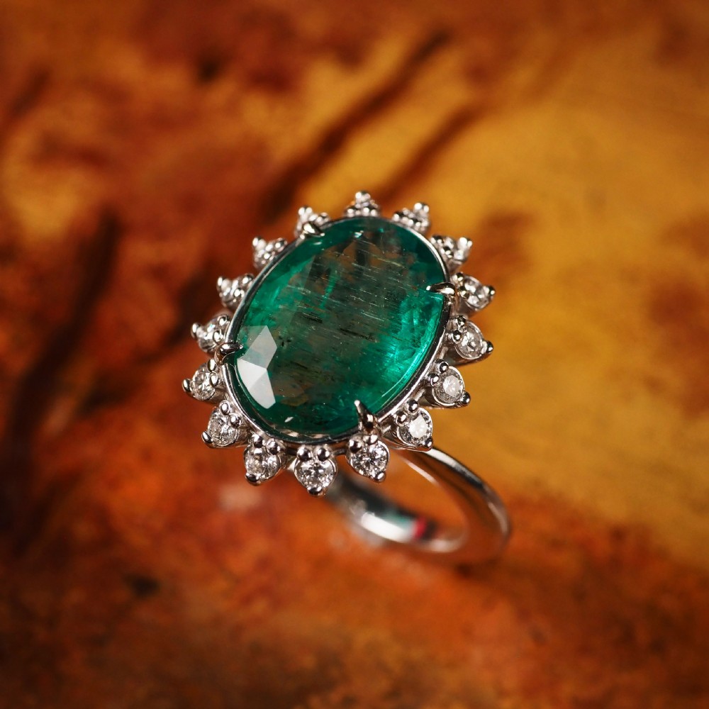 5CT Natural Emerald & Diamond 14K White Gold Cluster Ring GIA Certified View XV