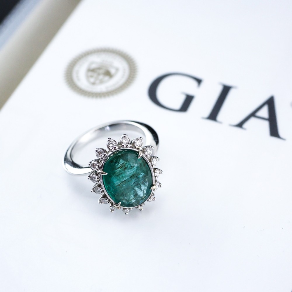 5CT Natural Emerald & Diamond 14K White Gold Cluster Ring GIA Certified View XVII