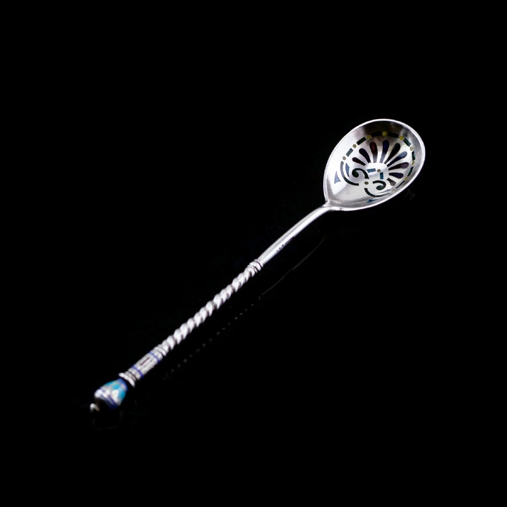 Antique Imperial Russian Solid Silver Plique a Jour Champleve Enamel Spoon - c.1890 View V