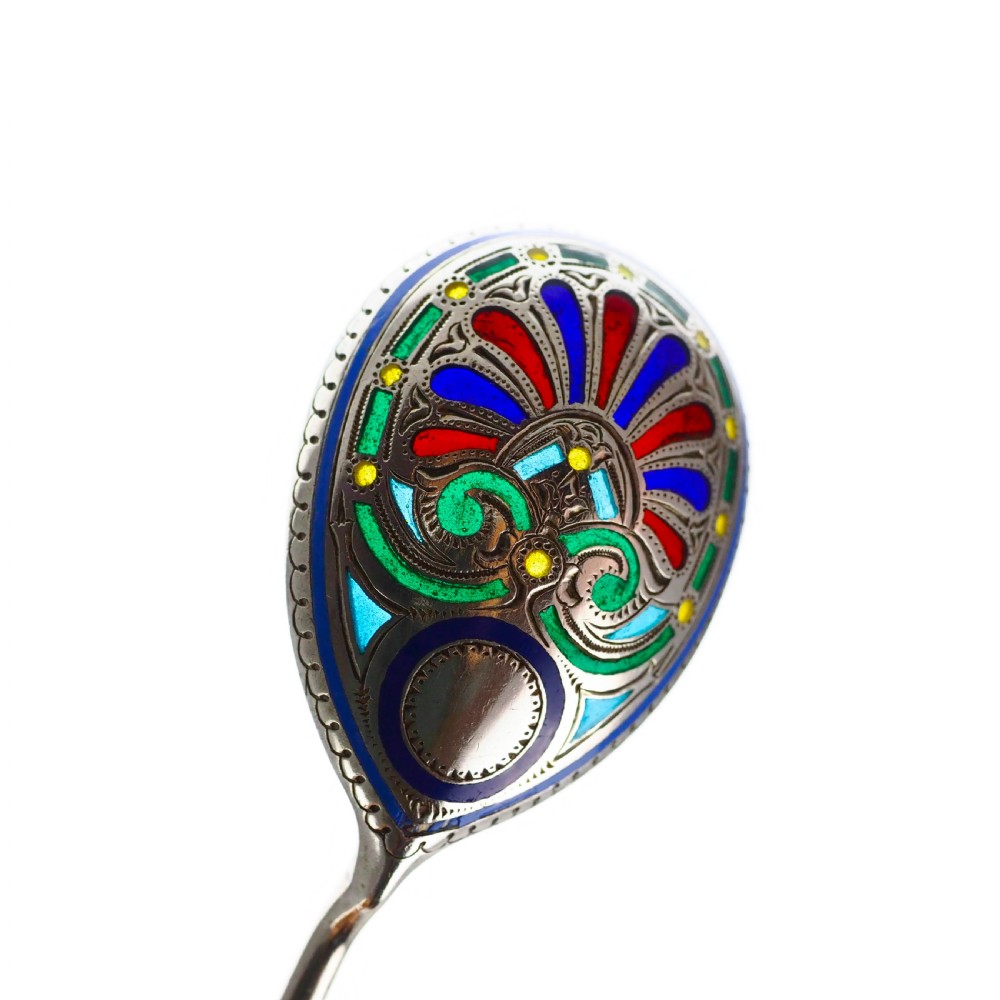 Antique Imperial Russian Solid Silver Plique a Jour Champleve Enamel Spoon - c.1890 View VII
