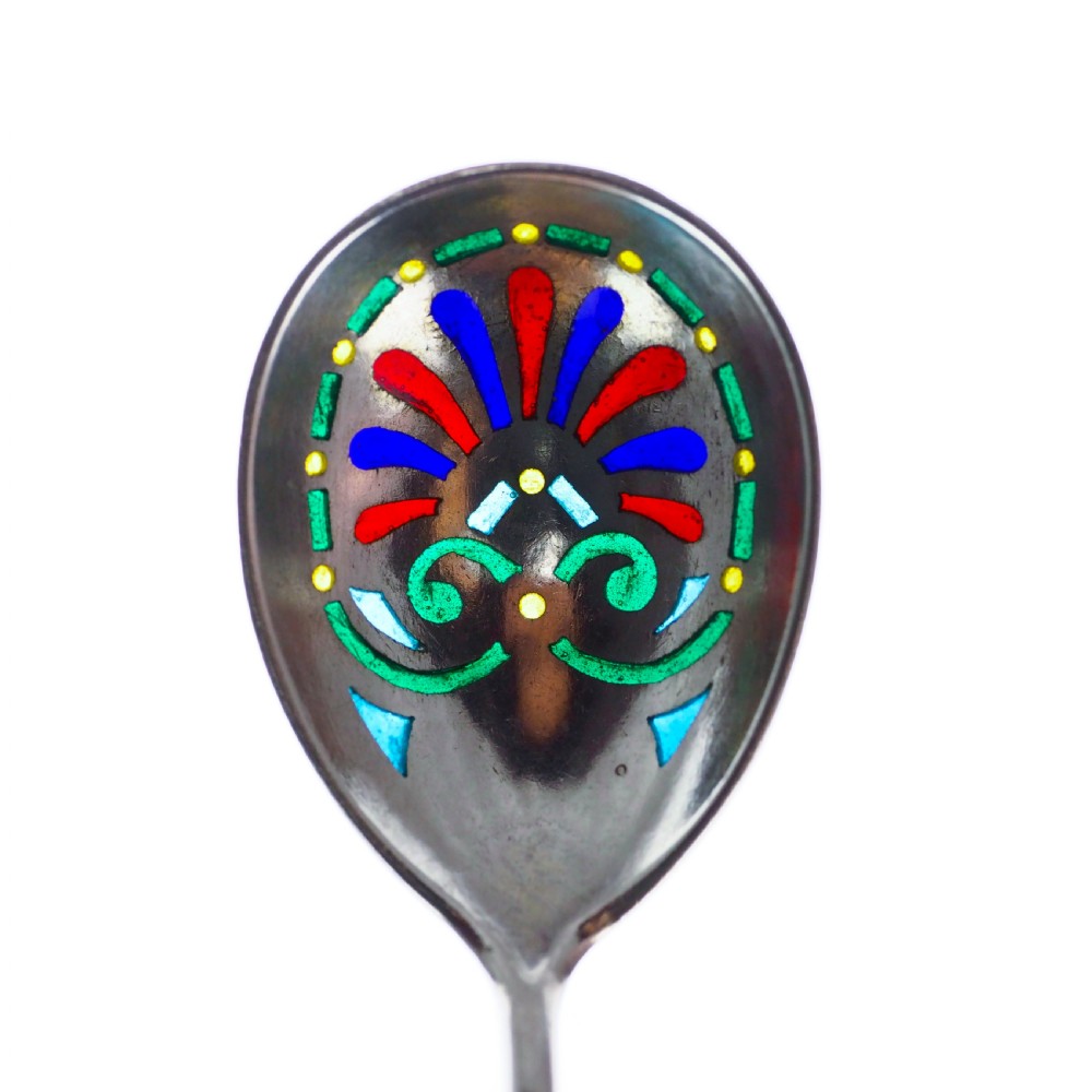 Antique Imperial Russian Solid Silver Plique a Jour Champleve Enamel Spoon - c.1890 View VIII