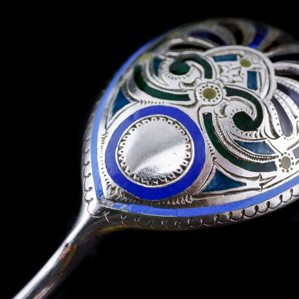 Antique Imperial Russian Solid Silver Plique a Jour Champleve Enamel Spoon - c.1890 View XI
