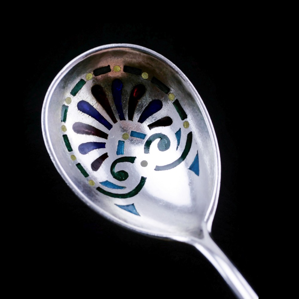Antique Imperial Russian Solid Silver Plique a Jour Champleve Enamel Spoon - c.1890 View XII