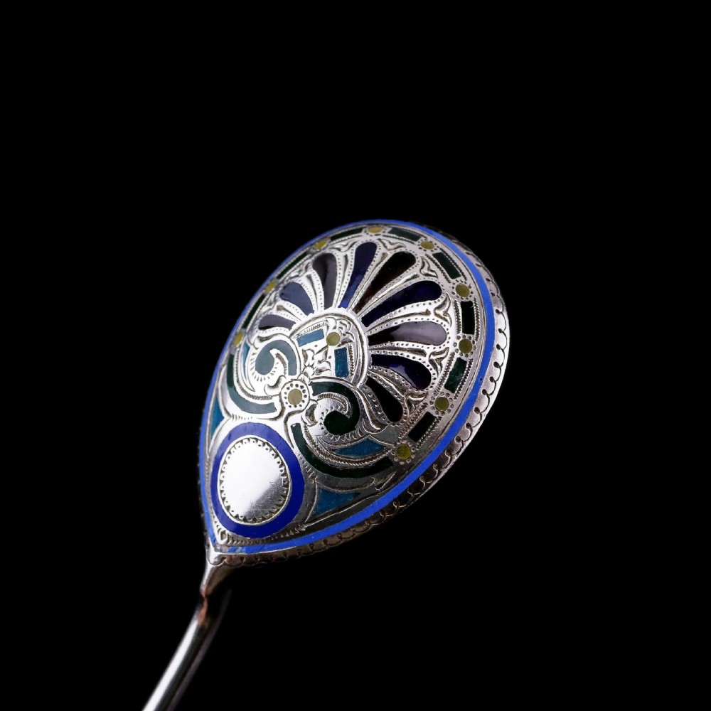 Antique Imperial Russian Solid Silver Plique a Jour Champleve Enamel Spoon - c.1890 View XVIII