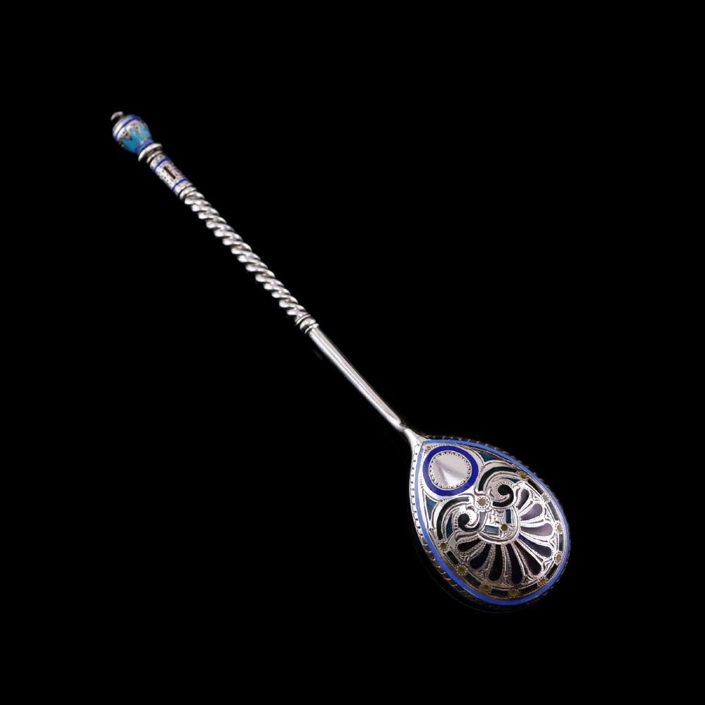 Antique Imperial Russian Solid Silver Plique a Jour Champleve Enamel Spoon - c.1890 View XIX