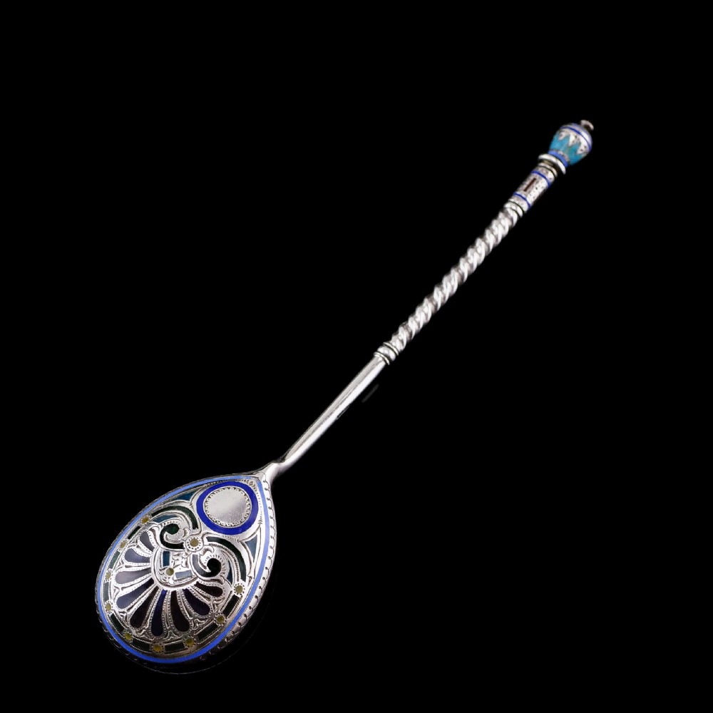 Antique Imperial Russian Solid Silver Plique a Jour Champleve Enamel Spoon - c.1890