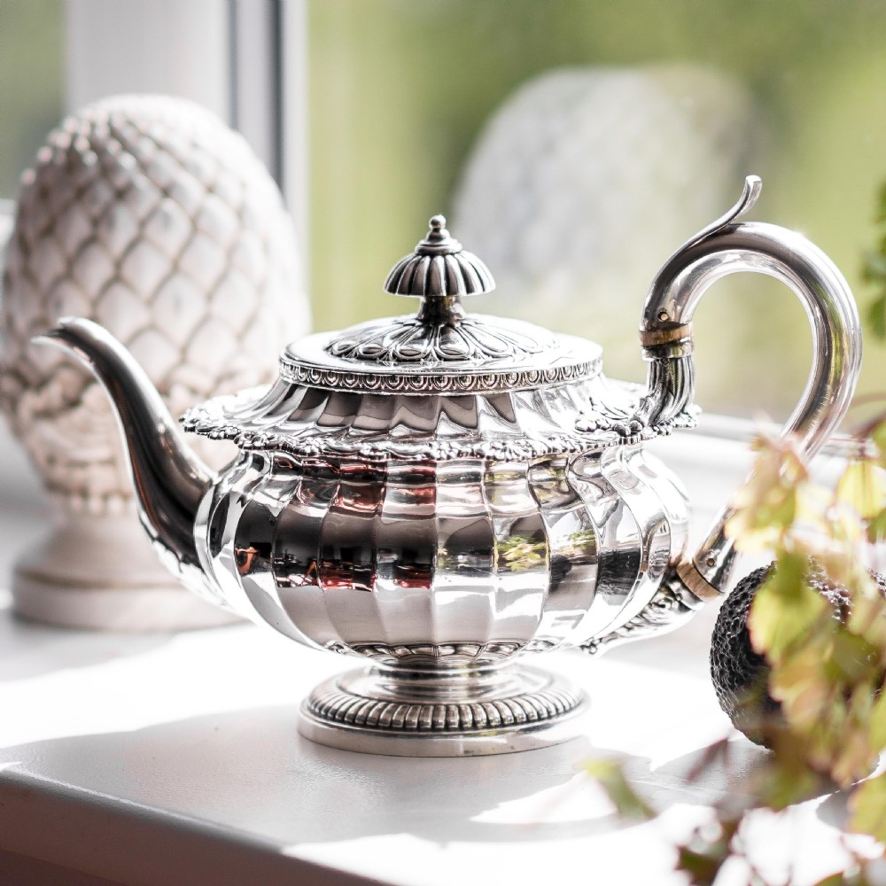 Antique Georgian Solid Silver Teapot Fluted Design by John Bridge (Rundell, Bridge & Rundell) 1827 - Top Maker
