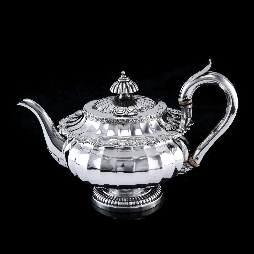 Antique Georgian Solid Silver Teapot Fluted Design by John Bridge (Rundell, Bridge & Rundell) 1827 - Top Maker View III