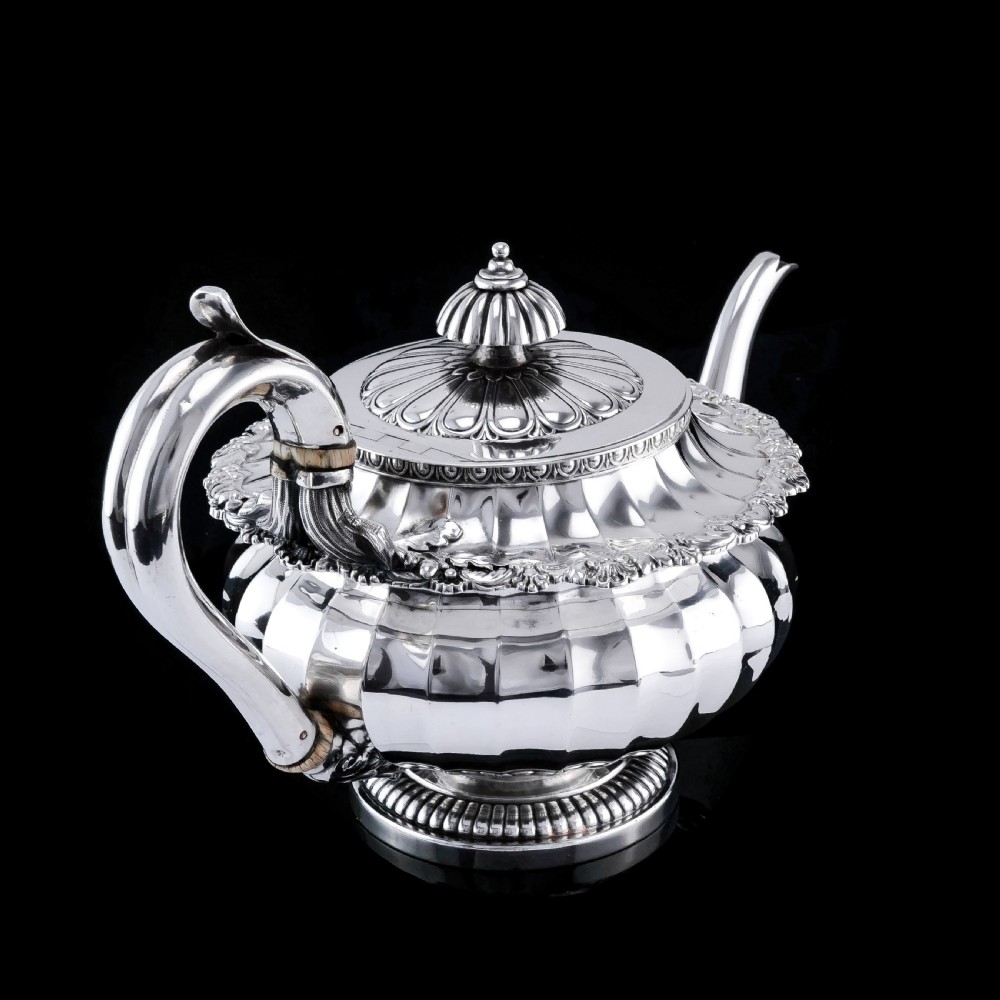 Antique Georgian Solid Silver Teapot Fluted Design by John Bridge (Rundell, Bridge & Rundell) 1827 - Top Maker View IV