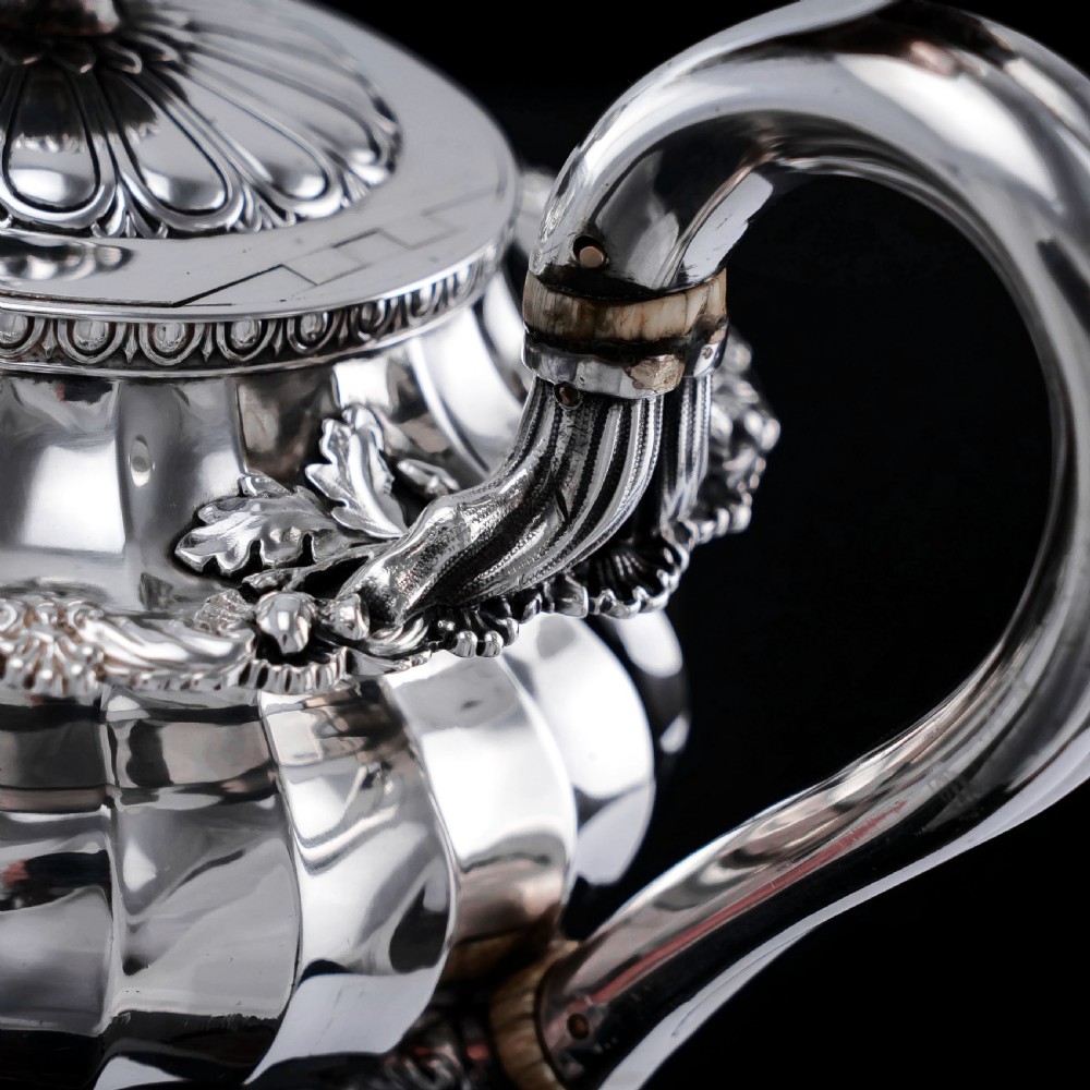 Antique Georgian Solid Silver Teapot Fluted Design by John Bridge (Rundell, Bridge & Rundell) 1827 - Top Maker View XVIII